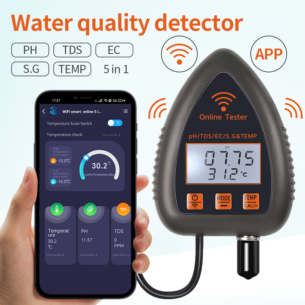 Ph Up Down Solution - Tuya wifi 5 em 1 tds/ec/sal/s.g./temperatura